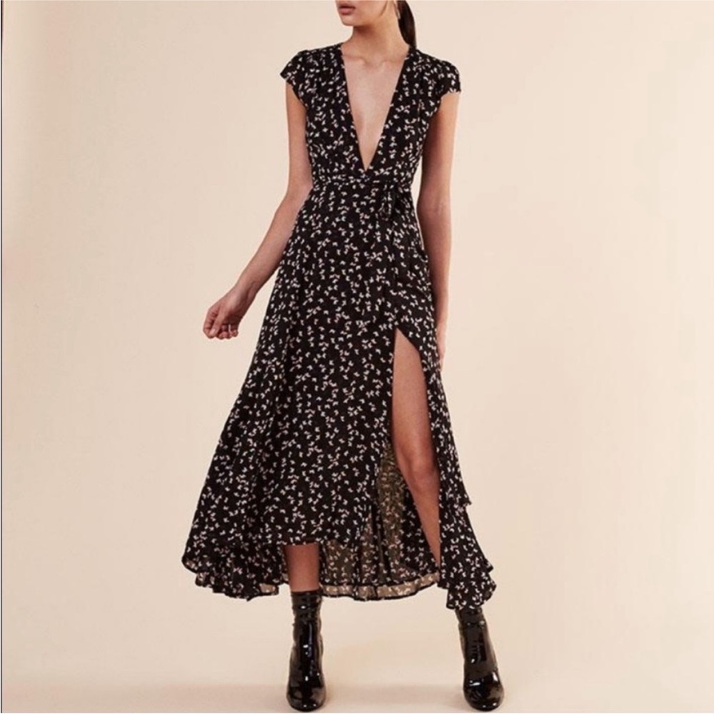 Reformation Black Floral Cap Sleeve Wrap Women's Dress